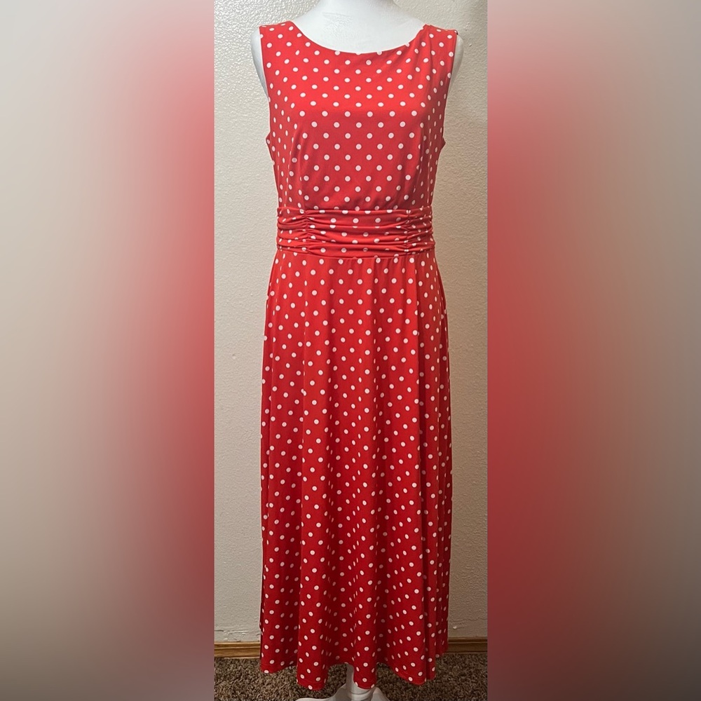EUC Connected Apparel Red and White Polka Dot Midi Dress with Cinched Waist 8